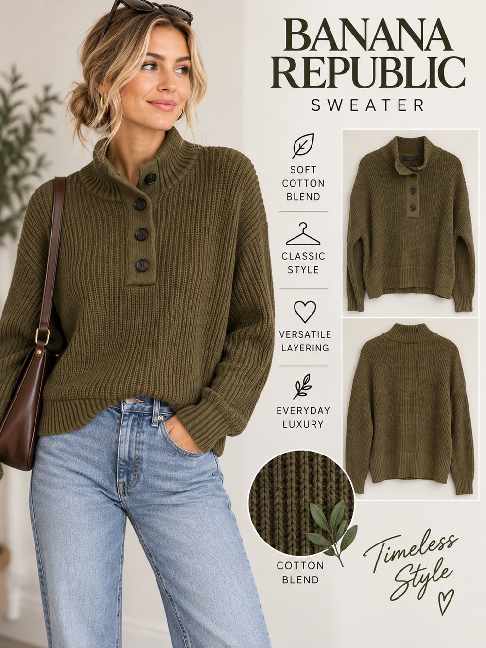 Banana Republic Medium Olive Green Ribbed Mock Neck Button Pullover Sweater